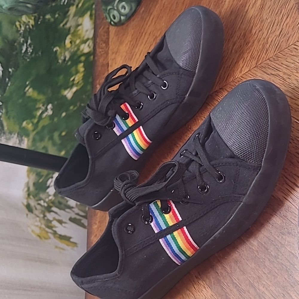 Citi Steps Womens 11 rainbow accent black canvas lace up flats shoes